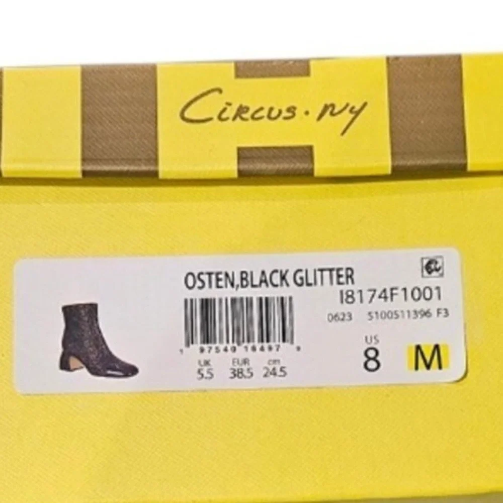 Black Glitter Ankle Boots Square Toe Block Heel Evening Party Sparkle Size 8M‎